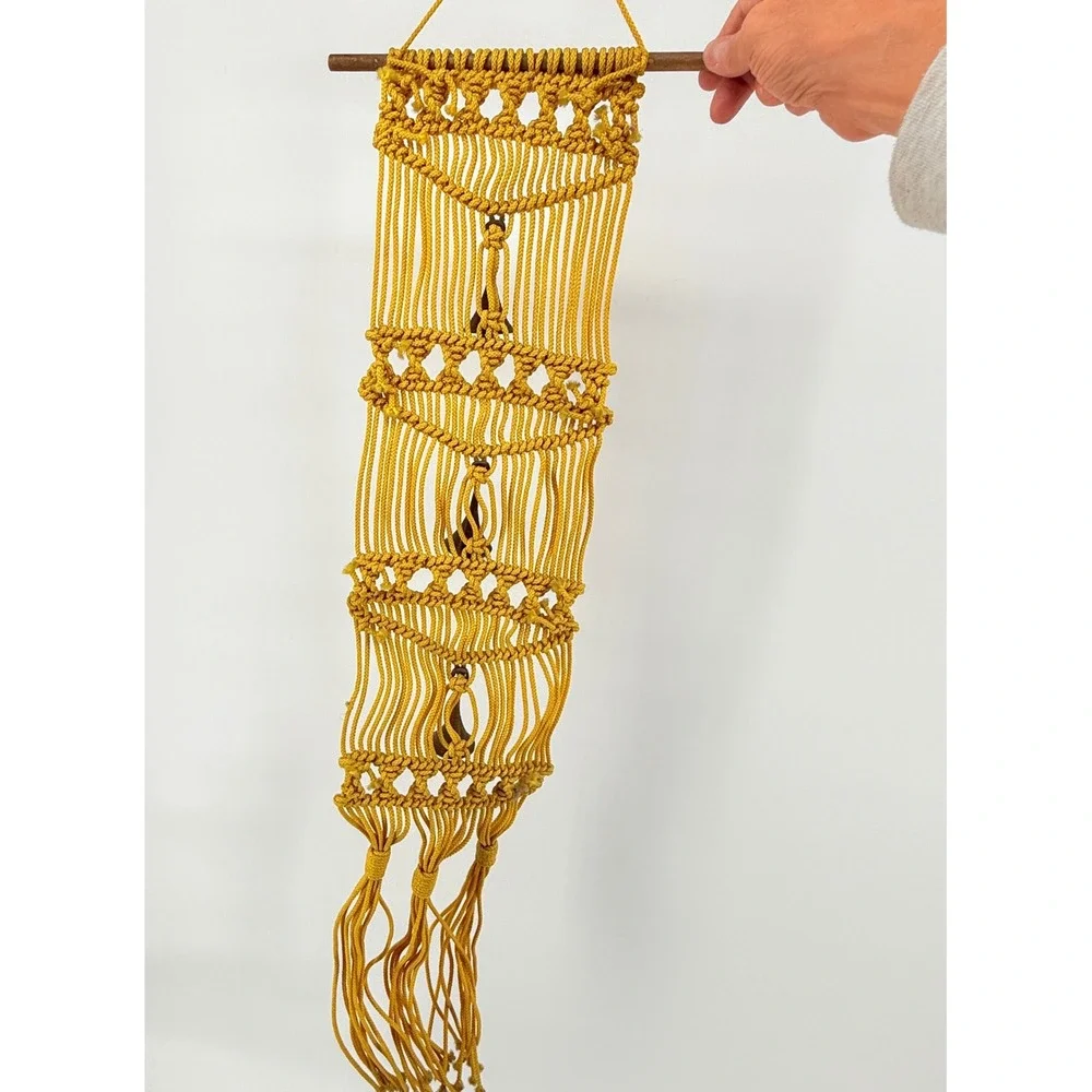 Vintage Macrame Wall Hanging Bell Chimes Mustard Yellow Boho Decor 31 in‎